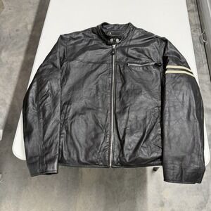 Black wilson Leather Racer Motorcycle Jacket with White Sleeve Stripes mens L